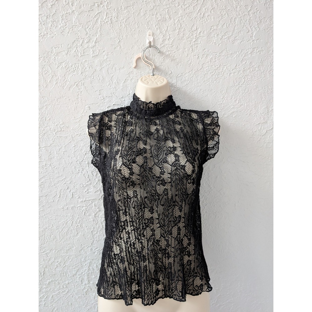 Love & Joy Gothcore Lace Blouse Women S Black Mock Neck Cap Sleeve Top